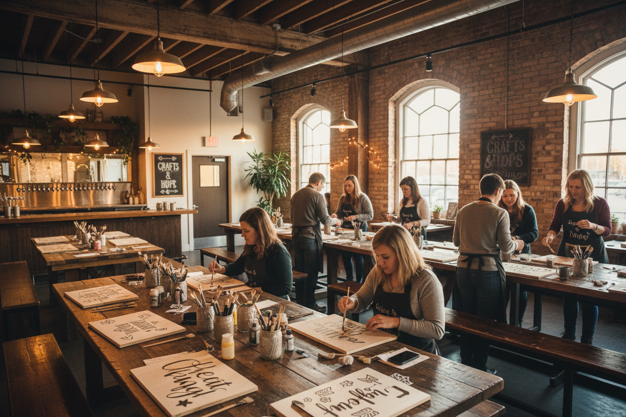 Show a restaurant or brewery with tables set to craft at 